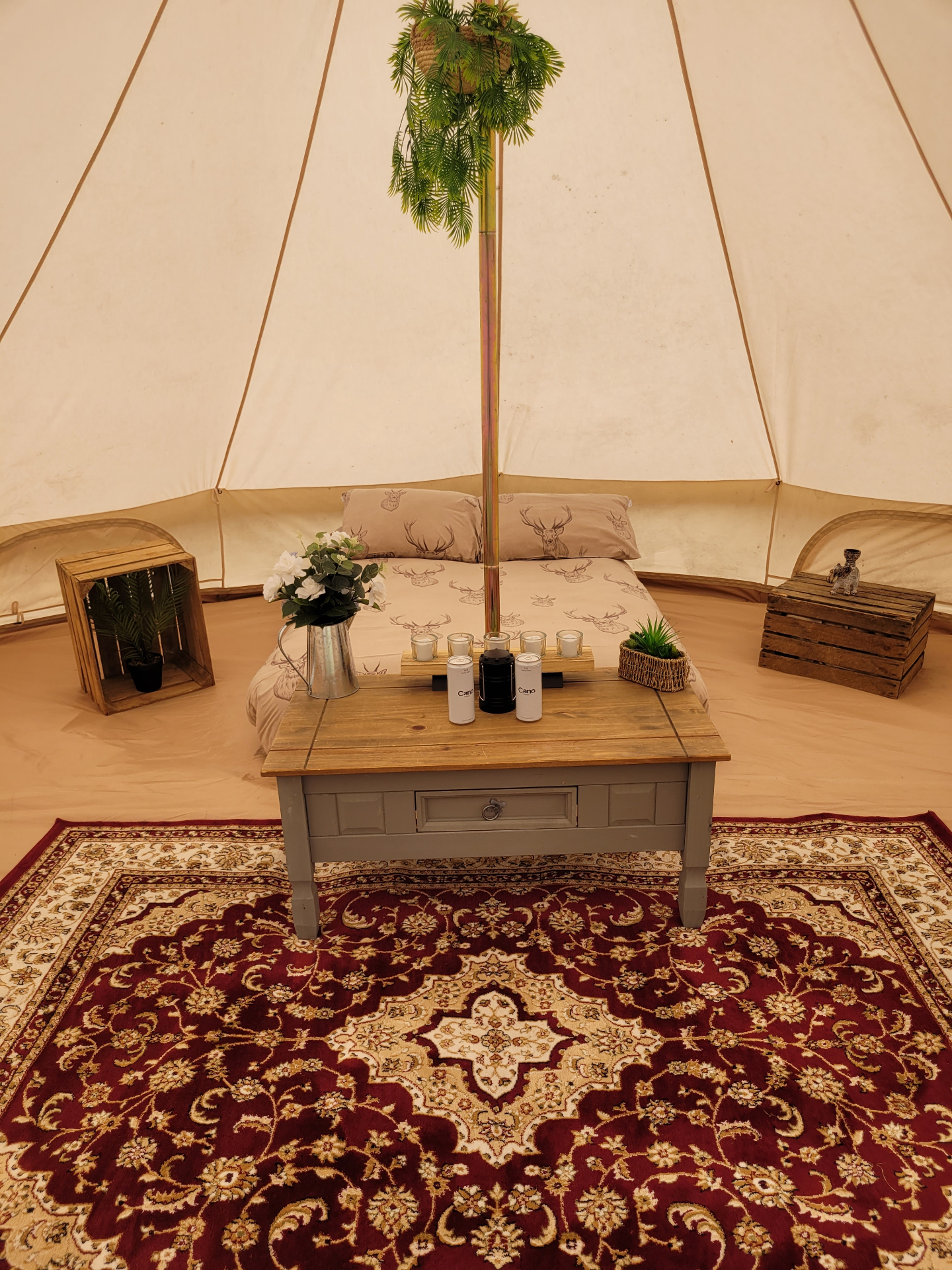 Cosy bell tent interior with coffee table