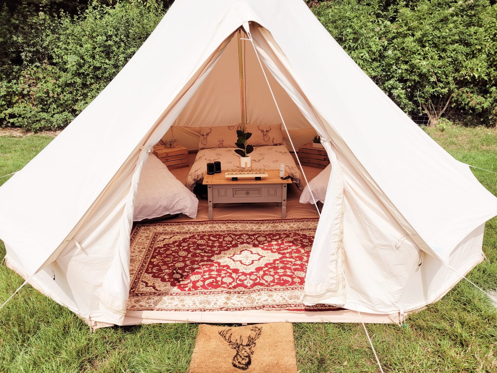 Bell tent doorway with styled interior